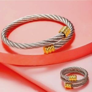 New Stainless & Gold Twisted Cable Bangle Bracelet & Matching Ring Set